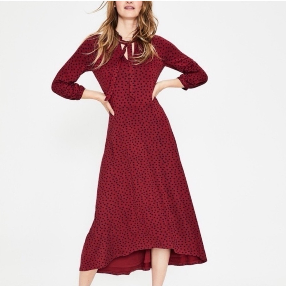 Boden Rosa Jersey‎ Midi Swing Dress in Red Navy Polka Dot Size 8 Regular